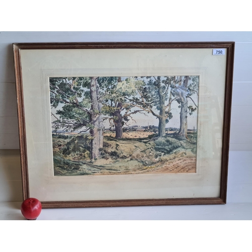 750 - A beautiful original watercolour on paper painting showing a view of village through a copse of tree... 