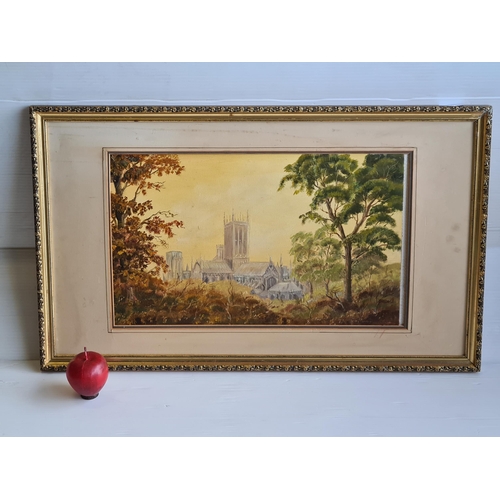 753 - A large vintage original oil on canvas painting showing a Gothic cathedral nestled amongst a copse o... 