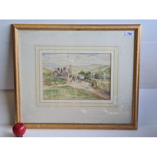 754 - A delightful original vintage watercolour on paper painting showing a charming rural village set amo... 