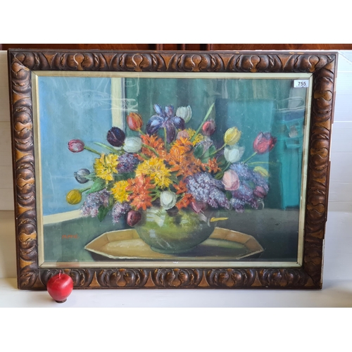 755 - A large original oil on canvas painting featuring a vase laden with vibrantly rendered summertime fl... 