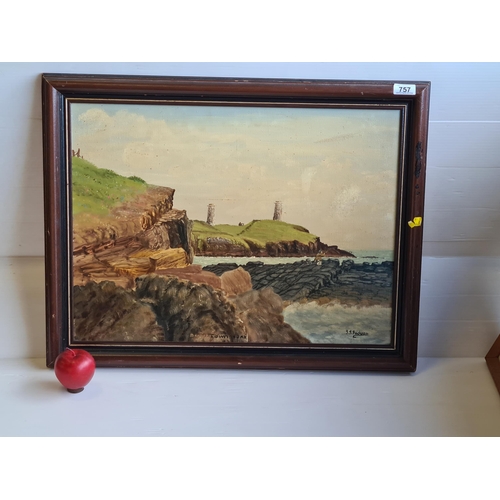 757 - A large original oil on canvas painting featuring a ciffside scene with 2 lighthouses in the distanc... 