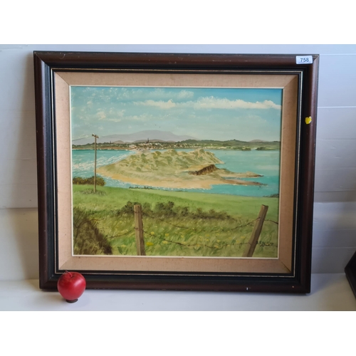 758 - A large original oil on canvas painting by J. J. Jackson featuring a coastal scene with sandy outcro... 