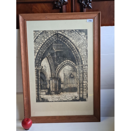 759 - A very large original woodblock print showing an architectural study of a Gothic monastery cloister ... 