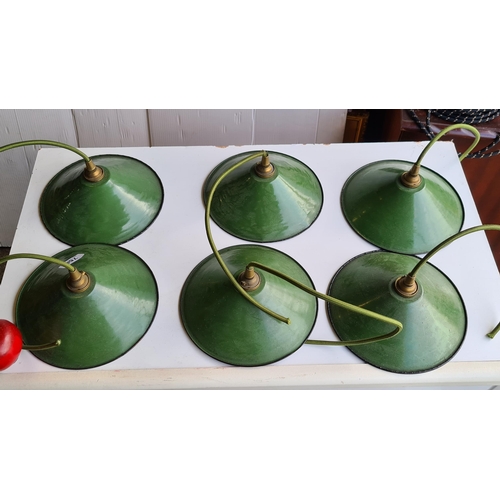 768 - A set of six wonderful, vintage, enamelled pendant lights. Enamelled with a forest green exterior an... 