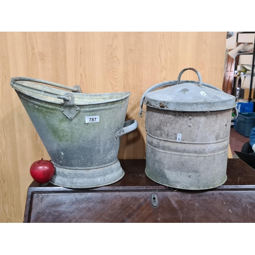 787 - Two vintage, stainless steel items. Including a coal scuttle and a lidded bin.