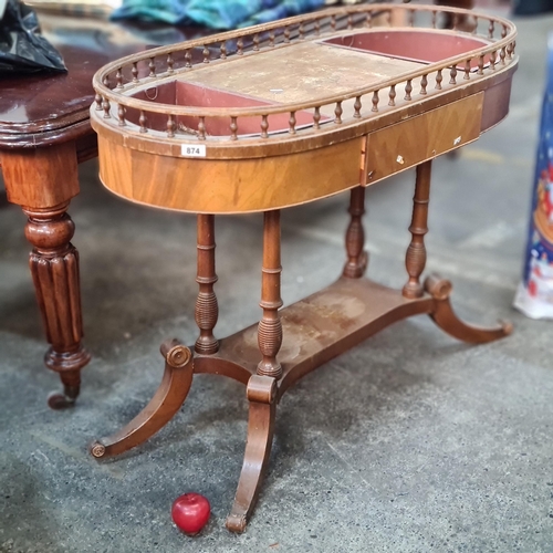 874 - An unusual, Edwardian flower planter table with railed surround and two demilune lined compartments ... 