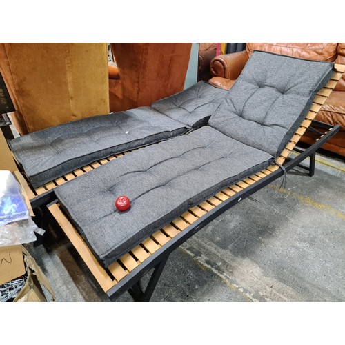 845 - Two fantastic looking deck lounge chairs with slatted wooden base on metal frame which gives adjusta... 