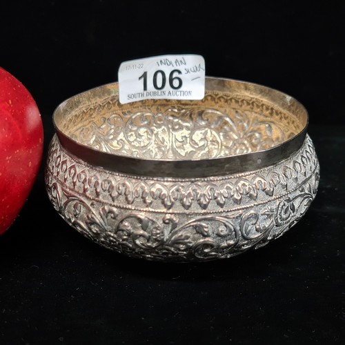 106 - A lovely Indian silver dish with richly embossed, foliate, banded design. H6cm x D11cm. Weight: 116.... 