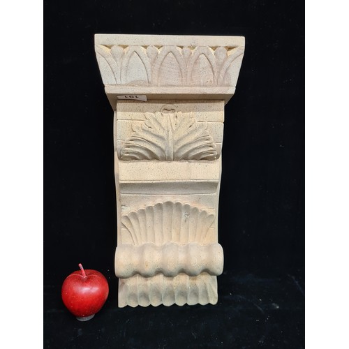 191 - A fantastic hand-carved wooden corbel shelf, featuring a plethora of classical motifs including acan... 