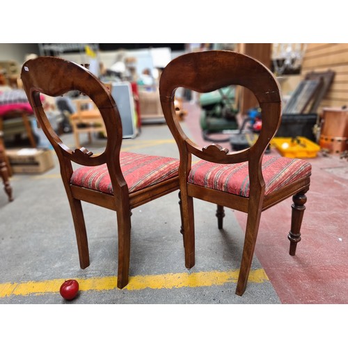 393 - Two fabulous antique balloon back chairs with carved detail, turned wood legs and upholstered in a s... 