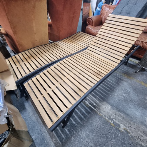 845 - Two fantastic looking deck lounge chairs with slatted wooden base on metal frame which gives adjusta... 