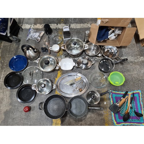 832 - Three excellent boxes of high quality kitchen ware consisting of pots and pans, kitchen utensils and... 