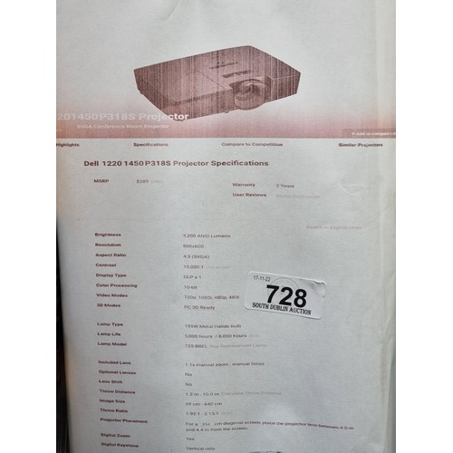 728 - A Dell SVGA Conference Room Projector, model number: 1220 1450P318S. Original RRP: $389. In its orig... 