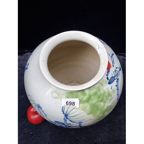 698 - A ver large heavy Chinese ceramic vase with hand painted abstract floral motifs in red, blue and gre... 