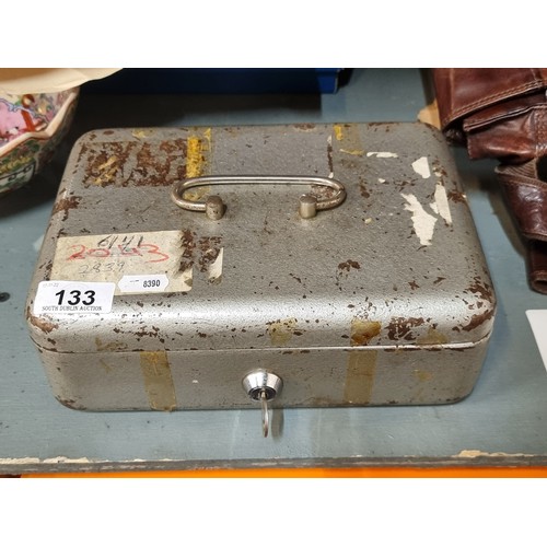 133 - A vintage heavy duty cash box by Panzer with key comprising of eight vintage items including makeup ... 