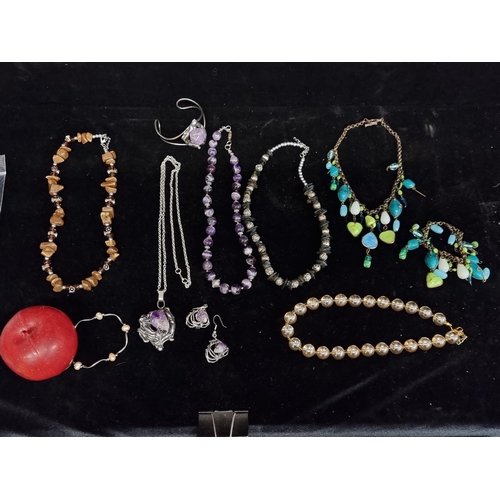 160 - A selection of good jewellery consisting of many colourful real cold to the touch gemstone pieces, i... 