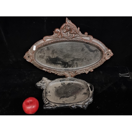 167 - A pair of Victorian style, cast metal, trays including one charming example in the form of a cow res... 