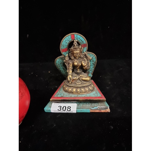 308 - A heavy antique enamelled wood sculpture of an Buddhist deity possibly depicting Bodhisattva.