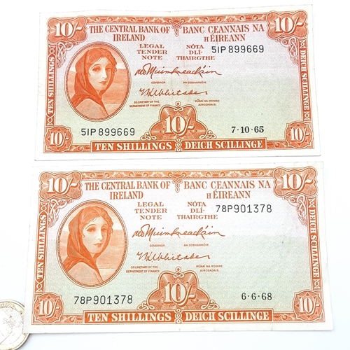 34 - Two super fine Lady Lavery bank of Ireland ten shilling notes, dated 7/10/65 and 6/6/68. Notes in fi... 