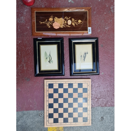 395 - A selection of four vintage items. Including a Sorrento marquetry wall hanging, highly lacquered. Wi... 