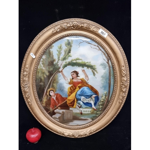 67 - A fabulous original oval acrylic on board painting featuring a rococo style lady on a swing. The ant... 