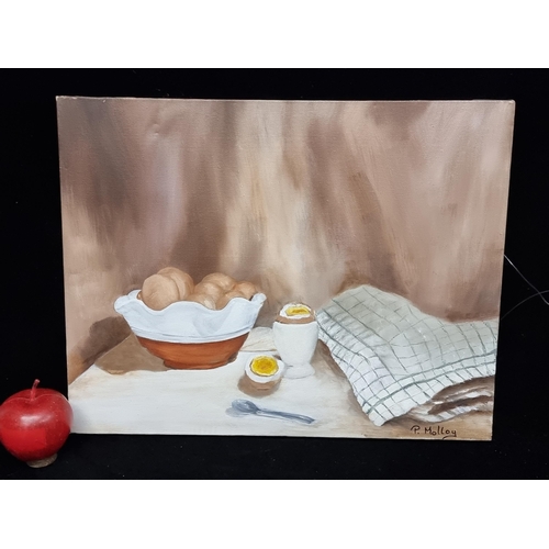 68 - A lovely original acrylic on canvas painting featuring a country breakfast of many eggs. Signed P. M... 