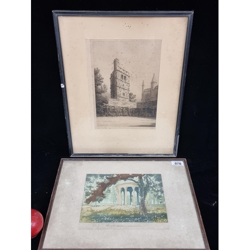 70 - Two antique etchings including a particularly fine hand coloured example titled 