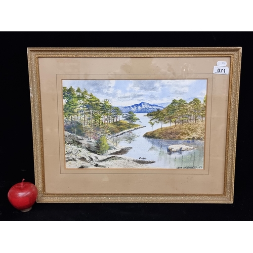 71 - An original watercolour on paper painting showing a sweeping landscape with lake, forest and mountai... 