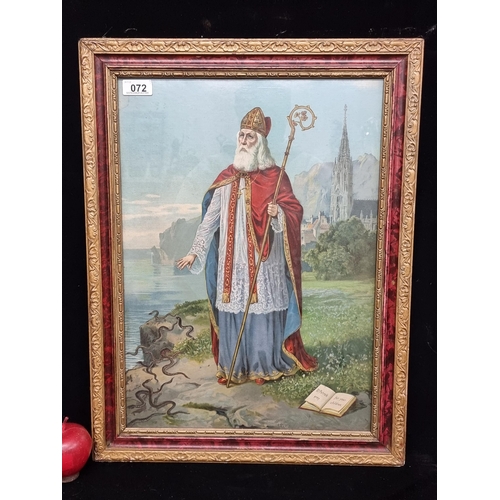 72 - An antique 19th century great coloured  print featuring St. Patrick housed in a nice vintage red and... 