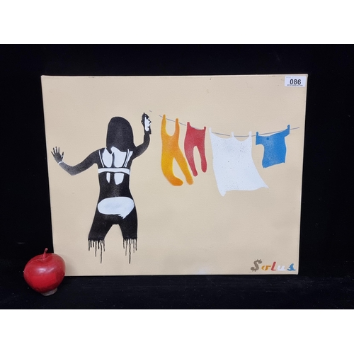 86 - An original mixed media on canvas painting featuring a street art style composition of a woman hangi... 