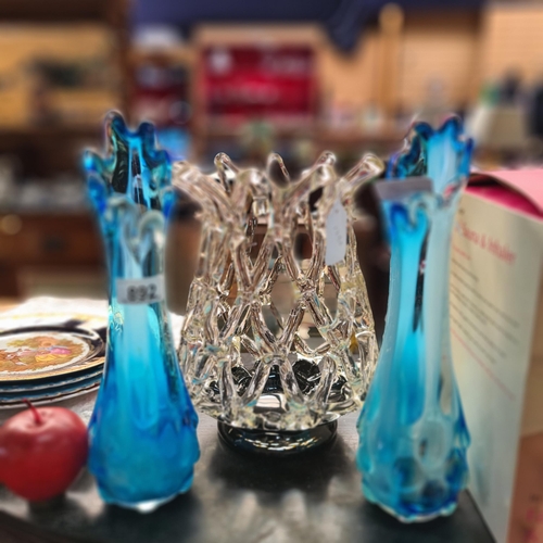 892 - Three wonderful art glass pieces, comprising of two handmade layered glass swung vases in a sculptur... 