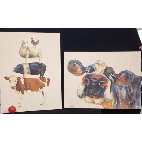 97 - Two very large super cute canvas prints each featuring stylised farmyard animals including chickens ... 