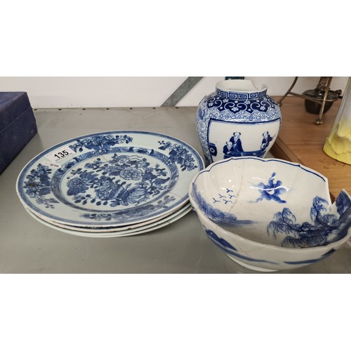 135 - Six 18th century Chinese, blue and white porcelain dishes, including four plates with staple repair,... 