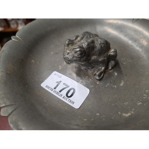 170 - A vintage, solid pewter ring dish in the form of a lily pad with a charming frog to centre. Stamped ... 