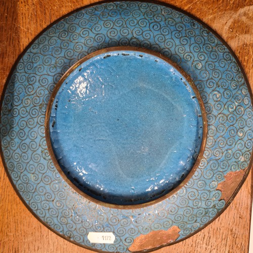 190 - A beautiful antique example of a cloisonne plate, a very striking design on a rich blue background d... 