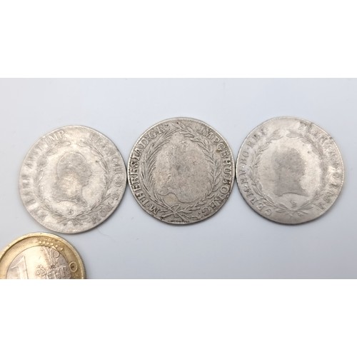 24 - A collection three antique Austrian silver coins of Franz Kreuzer II, circa 1806. Weight: 19.19 gram... 