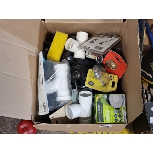 666 - A box of useful DIY tools and hardware. Including a FTYPE F600 downlight, new in box. With a number ... 