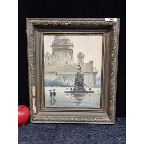 103 - An antique original oil on board painting featuring an equestrian statue in the shadow of a neo clas... 