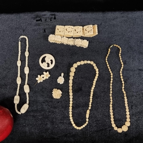 130 - Nine lovely pieces of 19th century bone jewellery, including necklaces, bracelets, and brooches with... 