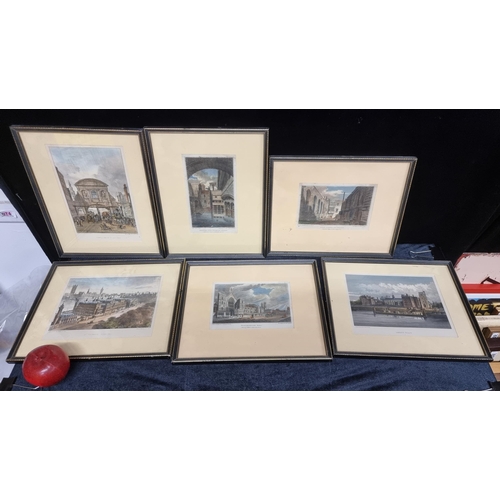 144 - A set of six hand coloured antique lithographic prints featuring scenes of London, including Cassell... 