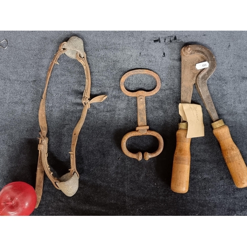 152 - A selection of three vintage agricultural items including a Winn & Co tail docker, a bull hook, and ... 