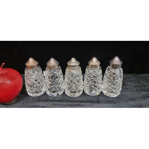 195 - A selection of five Waterford Crystal salt and pepper shakers in Glandore pattern. Including a match... 