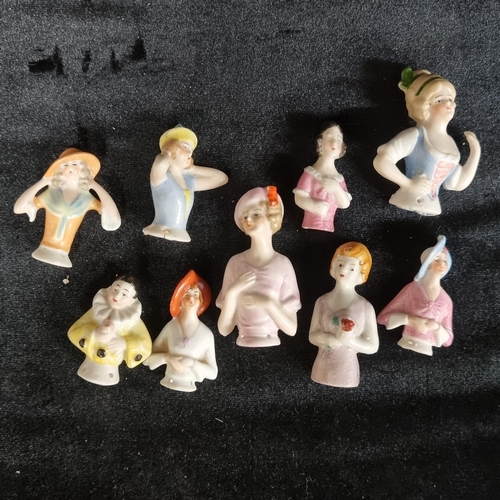 200 - A fabulous selection of 9 porcelain pin cushion half dolls. Pretty Art Deco, German made items. Circ... 