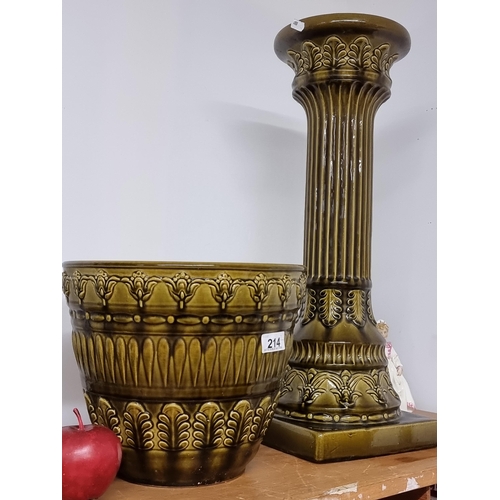 214 - A gorgeous Victorian ceramic column with jardiniere in a rich green glaze featuring neo classical mo... 