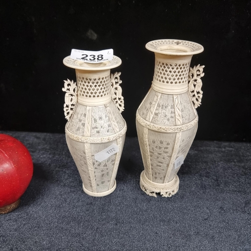 238 - Star lot : A pair of 19th century Chinese very fine antique, hand carved flower vases with pierced r... 