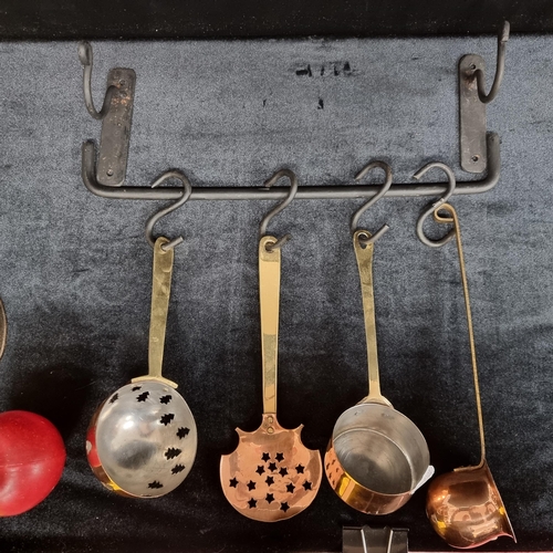 247 - A selection of four brass kitchenware items, including copper toddy ladle, a small pot and two strai... 