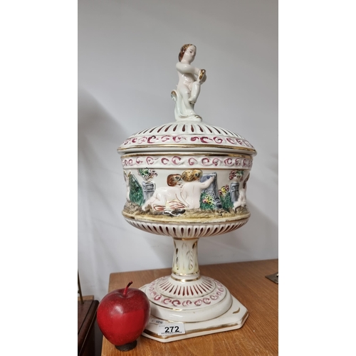 272 - A lovely large vintage Capodimonte lidded bowl with a fabulous stemmed base. Decorated throughout wi... 