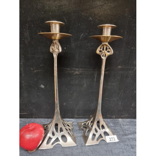 273 - A pair of stunning cast metal candlesticks with unusual Art Nouveau style pierced decoration, emulat... 