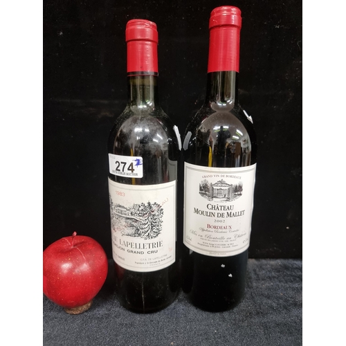 274 - Two sealed bottles of wine, the first a 1983 Chateau Lapelletrie Saint Emilion grand cru (RRP $42 on... 