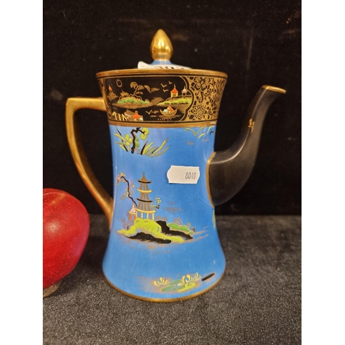 302 - A stunning 1930s Carlton ware teapot with Japanese style blue, gold and black hand painted scene of ... 